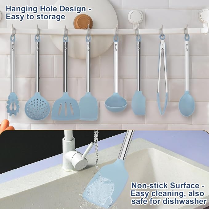 Vayvnt Silicone Kitchen Utensils Set, NonToxic, Plastic-Free, 8PCS, Blue | Heat Resistant Silicone Cooking Utensils, Non Scratch Spatula for Non Stick Pan, Long Stainless Steel Handle, Dishwasher Safe