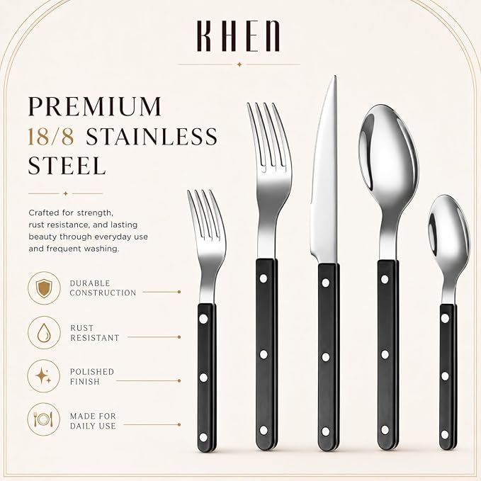 Cutlery 20-Piece Flatware Set, Stainless Steel Silverware - Black | 18/8 Stainless Steel | Dishwasher Safe | Ergonomic Handles | Lightweight Design | Service for 4 | Built for Daily Use