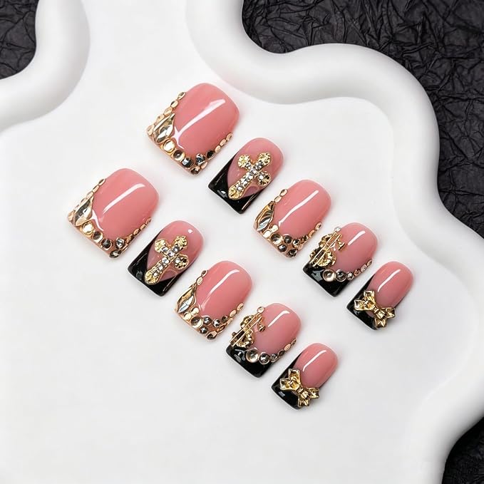 Rhinestone Press on Nails Short Square Black French Tip Handmade Nails with 3D Bow & Rhinestone Design Full Cover Muti-Layer Gel Acrylic Nails for Women Fake Nail Art DIY 10pcs (M)