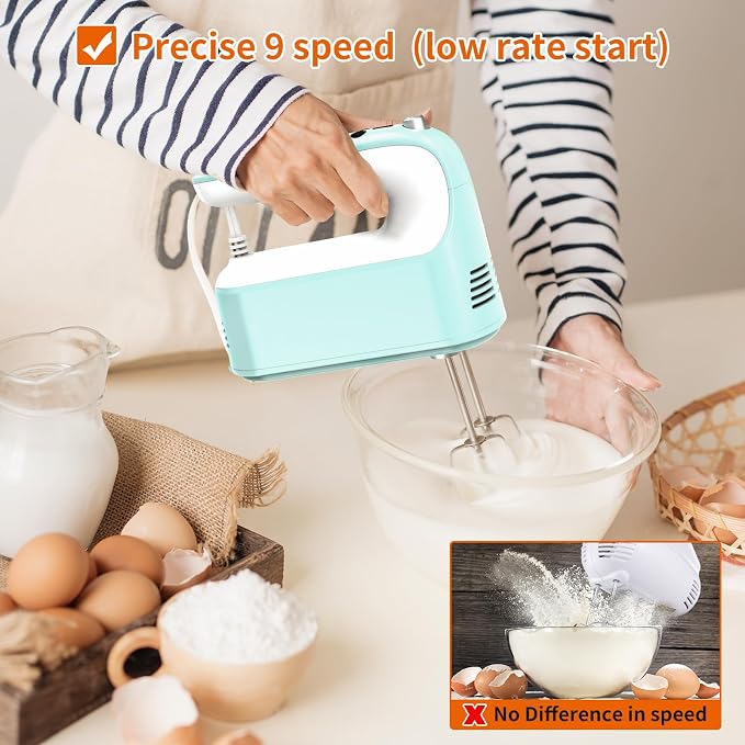 Yomelo 9-Speed Digital Hand Mixer Electric, 400W Powerful DC Motor, Hand Mixer Electric Handheld with Snap-On Storage Case, 5 Stainless Steel Accessories, Beaters, Dough Hooks, Whisk(Ice Blue/White)