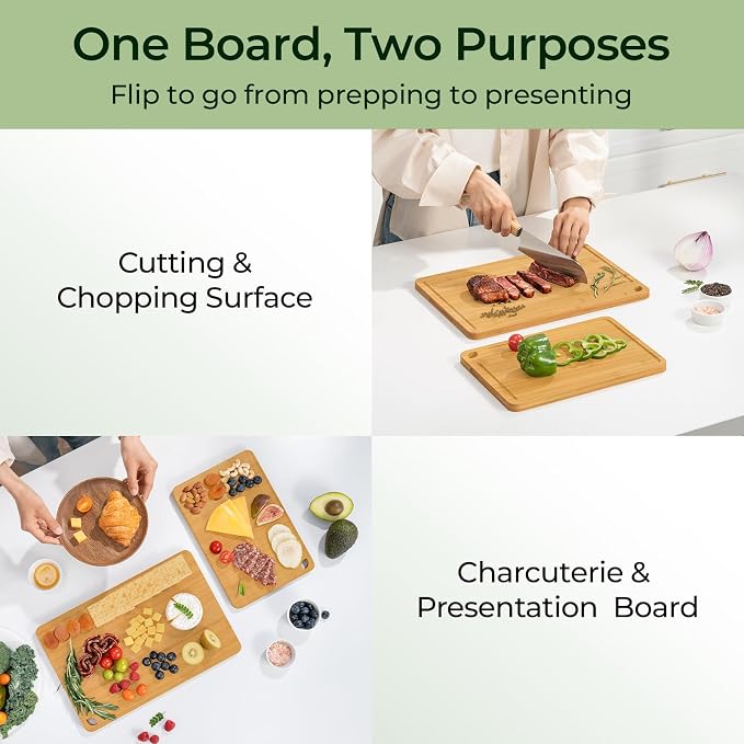 Keechee Natural Bamboo Cutting Board Set of 2, Wood Chopping Blocks | Deep juice grooves, built-in handles, versatile two piece set for meat, cheese and fruit