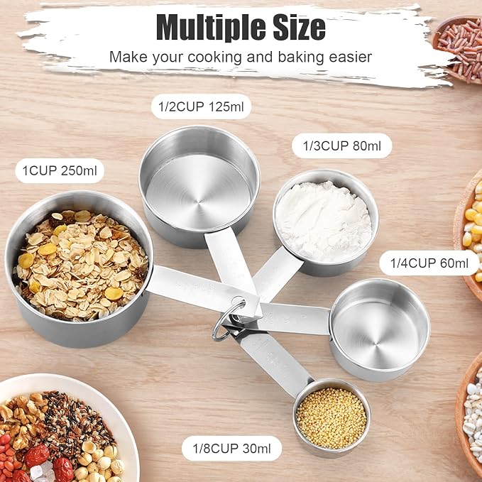 11 PCS Stainless Steel Measuring Cups Spoons Set, 5 Nesting Cups and 5 Stackable Spoons with 1 Leveler Measuring Tools Set for Dry Liquid Ingredients Cooking Baking