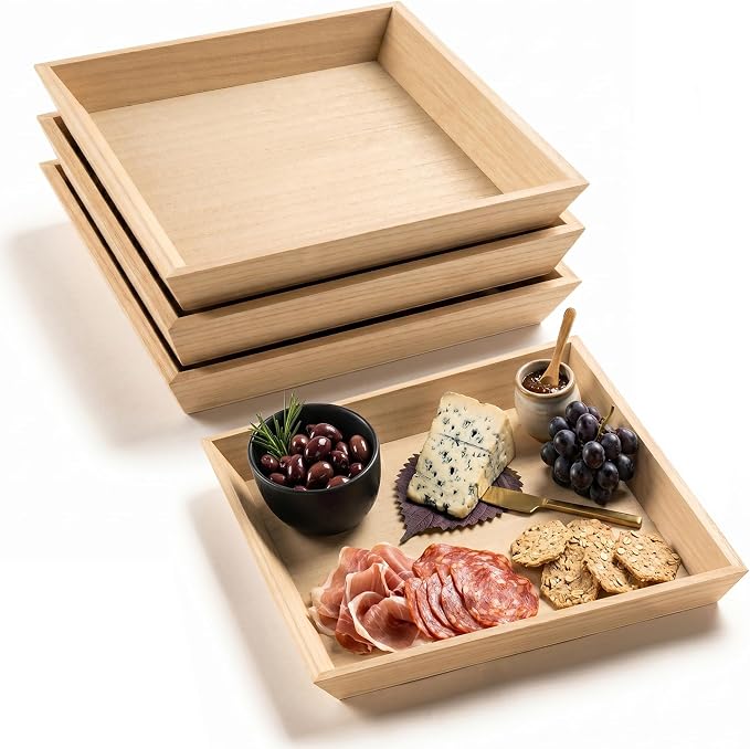 Wooden Serving Trays Set of 4, 12x12x1.25 Inches Natural Wood Serving Tray for Home Decor, Decorative Wooden Trays for Coffee Table, Ottoman, Kitchen Counter, Dining Table & Organization