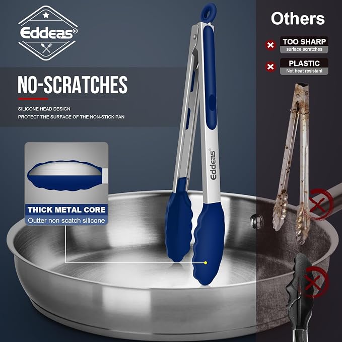Tongs For Cooking - Kitchen Tong with Silicone Tip 7", 9", 12" Blue | 600°F Heat Resistant Silicone Tong, All Metal handle Locking Tongs with Silicone Tips, Heavy Duty Stainless steel