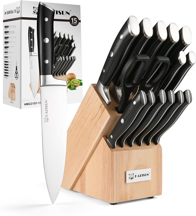15-Piece German Steel Kitchen Knife Set with Block | ABS Ergonomic Handles For Chopping & Slicing. Includes Shears & Durable Storage Base