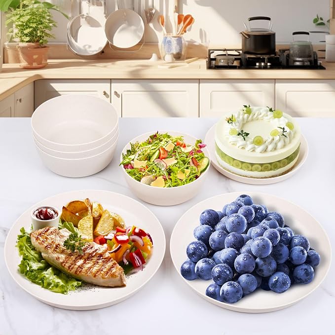 EjonirInjonir 12pcs Unbreakable Beige Wheat Straw Dinnerware Sets RV Dining | Includes Deep Reusable Plastic Plates Bowls Set,Premium Lightweight Dish Set Perfect for Camping Outdoor Parties Kids Home