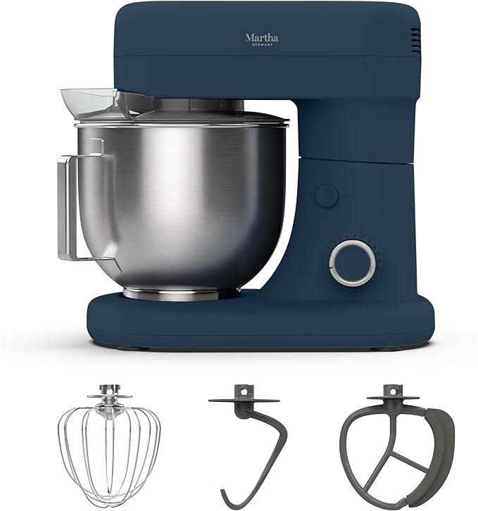 Martha Stewart 5.3QT Tilt Head Stand Mixer, 12 Speeds, Stainless Steel Bowl | Dough Hook, Stainless Whisk, Beater, Removable Splash Shield, Bread, Cake & Whipping, Electric Kitchen Mixer, Indigo Blue