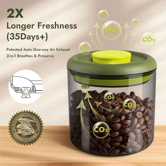 Vacuum Sealed Coffee Canister, 40.6oz Airtight Glass Jar | Borosilicate Glass, UV-Protective Tint, 360° Airtight Seal, One-Press Pop Top, for Coffee Beans & Grounds