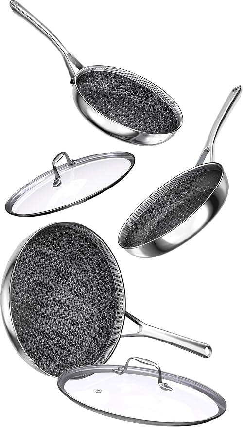 Stainless Steel Non Stick Frying Pan Set With Lid | Stainless Steel, PFAS/PFOA/PTFE-free & non-toxic. Compatible with All Stovetops. Oven & dishwasher safe. Stay cool handle