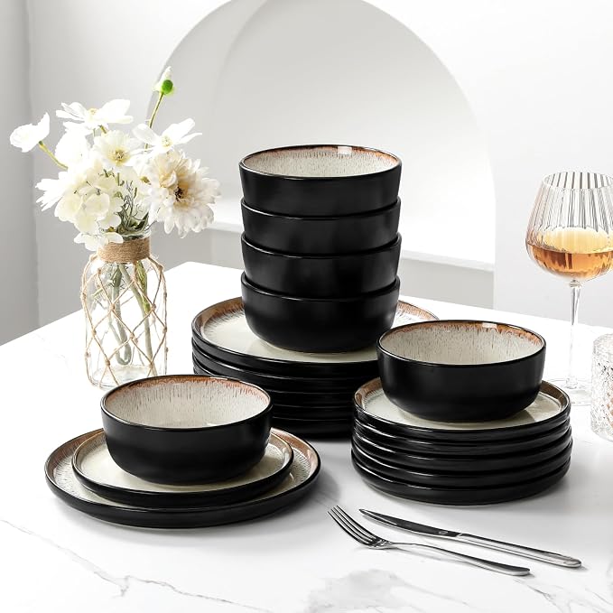 vancasso Plates and Bowls Sets, Ceramic Dinnerware Sets Stoneware Kitchen Dishes Dishware Mircowave and Dishwasher Safe, 18 Pieces, Oyster White