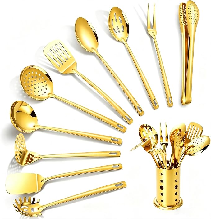 Gold Kitchen Utensils Set, 11 PCS Stainless Steel Cooking Utensils Set | Metal Kitchen Tool Set for Cooking with Turners, Potato Masher, Spatula, Spoons, Pasta, Tongs