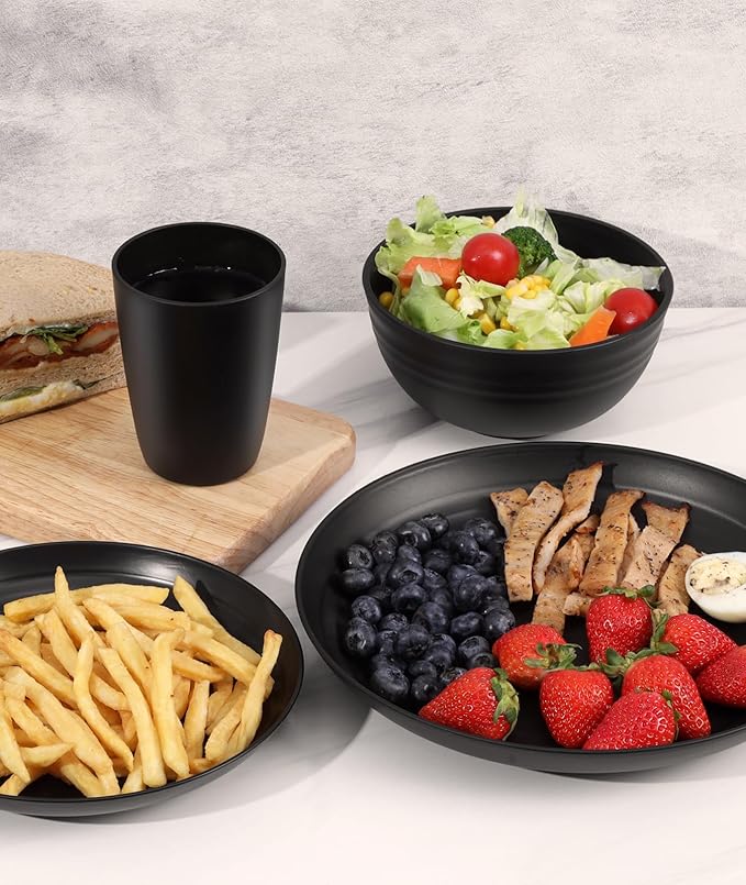 Quatish 32 Piece Plates and Bowls Sets for 8, Unbreakable Dinnerware Sets, Dish Set for Camping, Dishwasher Microwave Safe, Outdoor Kitchen and Apartment Dorm Dinning RV Essentials, Black