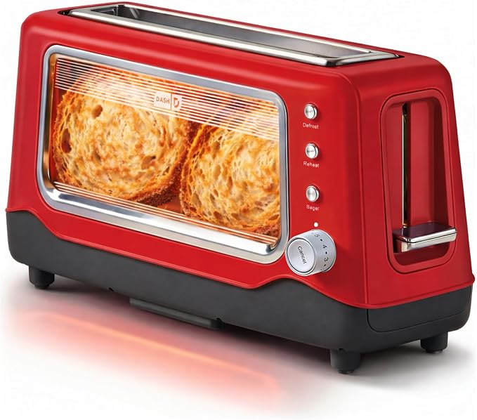 Dash Clear View Toaster | 10" Long Slot 2 Slice Toaster with See-Through Glass Window, 7 Browning Levels, Bagel, Defrost & Reheat Functions, Removable Glass Panel, Crumb Tray, Red