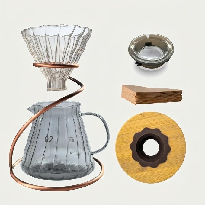 Pour Over Coffee Maker Set, 20oz Borosilicate Glass Carafe with Bamboo Base & Spiral Stand, V-Shaped Glass Dripper, 100 Paper Filters, Plastic-Free Manual Coffee Brewer for Home & Outdoor