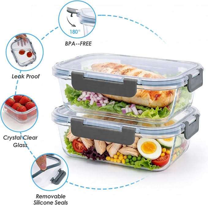 5-Pack 36oz Glass Food Storage Containers with Lids, Grey | Glass Meal Prep Food Container Sets, Airtight, Reusable, Leak-Proof, Microwave Oven Freezer Dishwasher Safe