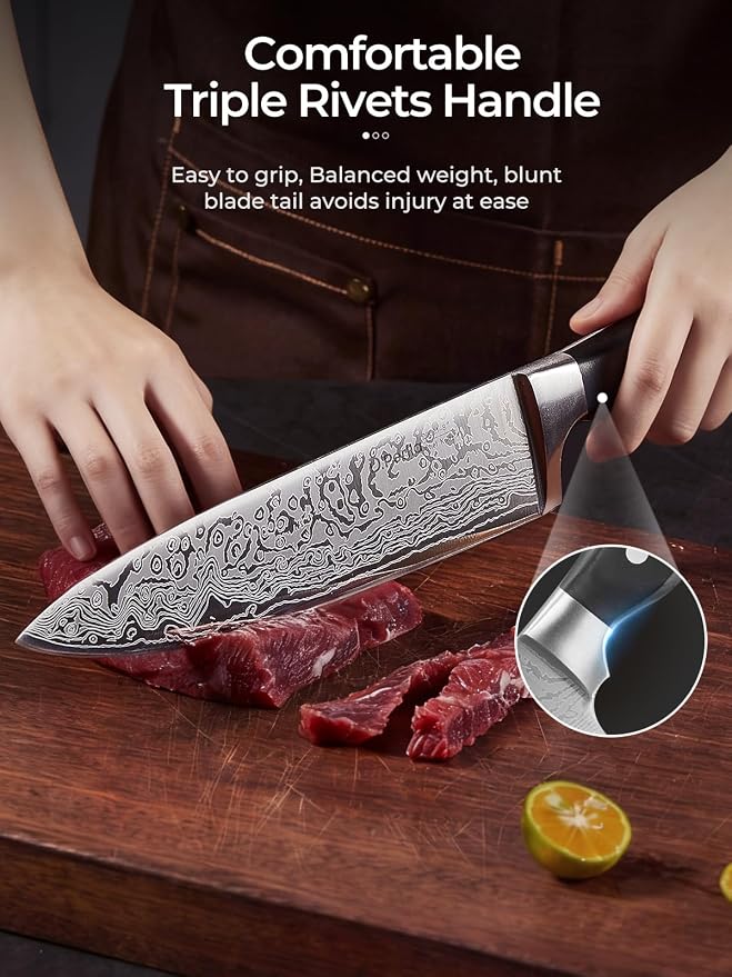 Knife Set, D.Perlla Kitchen Knife Set with Advanced Self-Sharpening Technology, 14 Piece Waved Texture Knife Set with Block, High Carbon Stainless Steel Knife Block Set, Razor-Sharp, Full Tang Handle