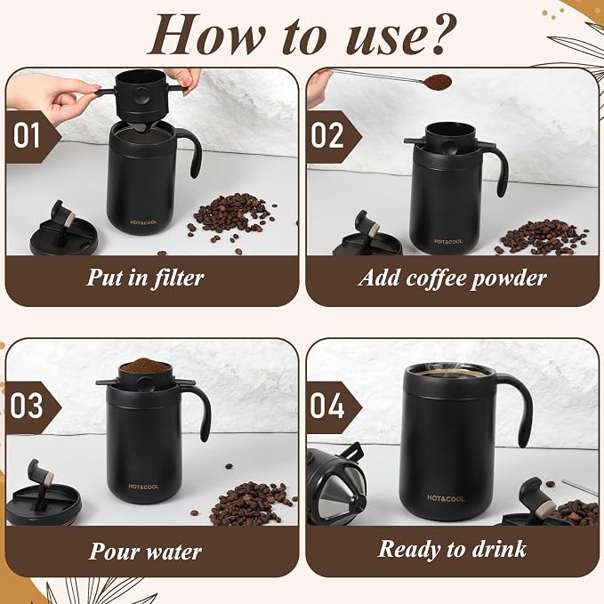 Portable 16oz Pour Over Coffee Maker Set with Spoon and Brush | Insulated Camping Coffee Maker with Foldable Filter & Stirrer & Cleaning Brush for Travel Camping Offices Backpacking