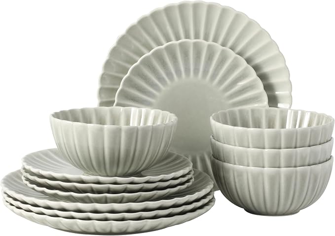 Gibson Elite Peach Orchard 12-Piece New Bone China Dinnerware Set Service for 4, Embossed Fluted Plates and Bowls, Dishwasher and Microwave Safe, Sage Green
