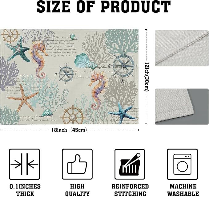 Nautical Placemats Set of 4 Starfish Sea Shell Beach Theme Ocean Coral Washable Non-Slip Heat Resistant 12×18 Inch Seasonal Summer Linen Fabric Table Mat for Party Kitchen Dining