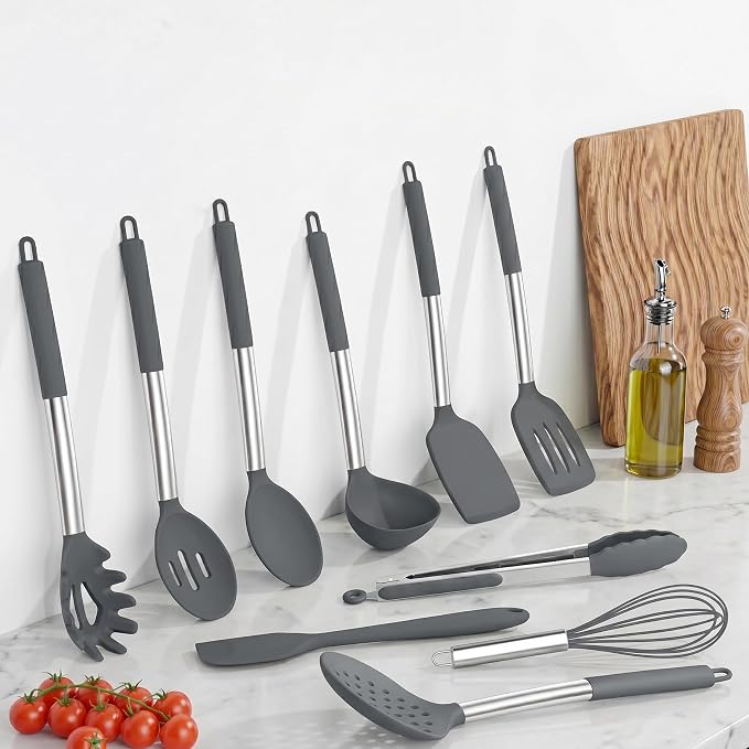 Onader 10 Pieces Silicone Kitchen Utensils Set, Cooking Utensils with Holder and Heat Resistant Stainless Steel Handle for Nonstick Cookware -Gray