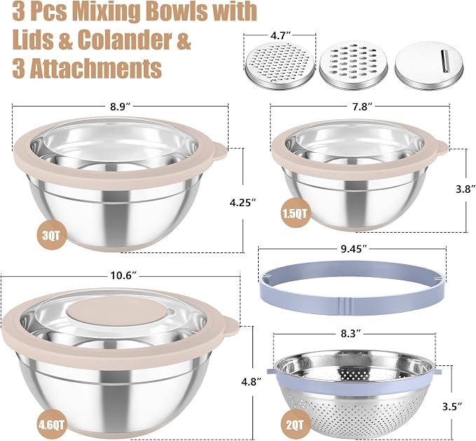 TeamFar Mixing Bowls with Colander, Stainless Steel Salad Bowls, Khaki | 4.6/ 3/ 1.5 QT Nesting Bowls Rotatable Fruit Strainer, with Lids & 3 Graters, Non-Slip Bottom & Visible Lid, Dishwasher Safe