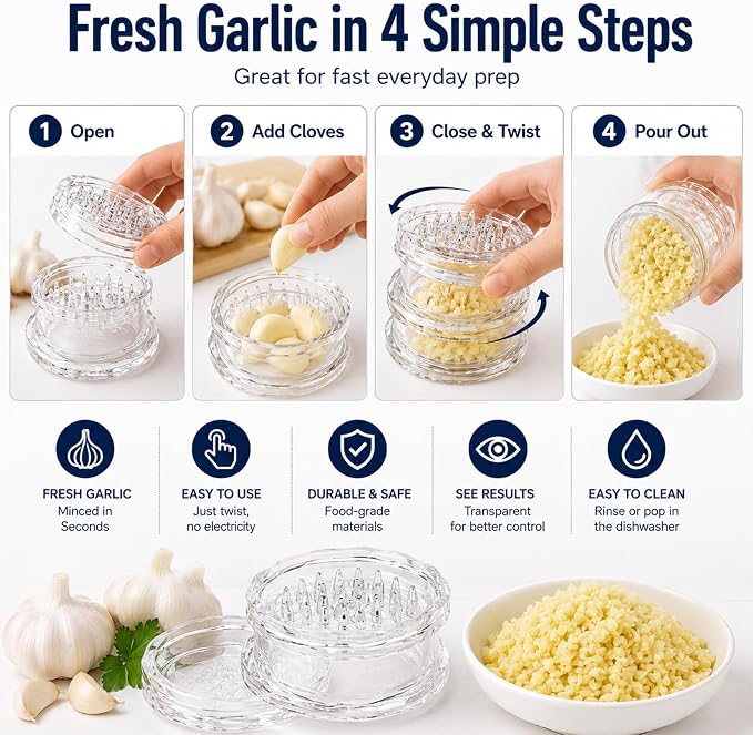 Transparent Manual Garlic Twister & Mincer, 2-Pack Multi-Functional Grinder for Garlic, Onion, Ginger, Herbs, Nuts, Impact Resistant Kitchen Gadget