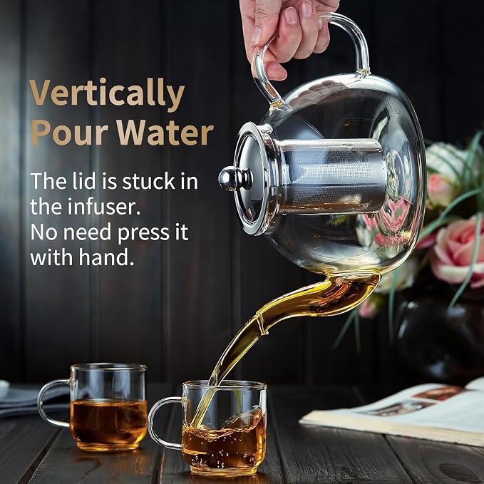 DOPUDO 42OZ (1250ML) Glass Teapot with Infuser Stovetop Safe, Clear Glass Tea Pot Kettle, Borosilicate Tea Pot with Infusers Filter for Loose Tea, Tea Kettle Dishwasher Safe