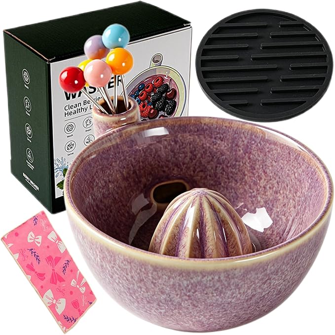 Self Spinning Ceramic Berry Washing Bowl with Drain Holes, 5.5'' Kitchen Fruit Washer Spinner Bowl with Fruit Fork and Waterproof Pad (Small-Purple-A)
