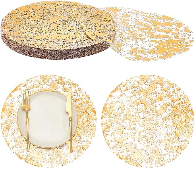 150PCS Disposable Gold Placemats Set, 13 Inch Gold Foil Table Mats Bulk, Metallic Mesh Pressed Round Doilies for Tables, Paper Placemats for Wedding Birthday Dining Party Table Home Decor