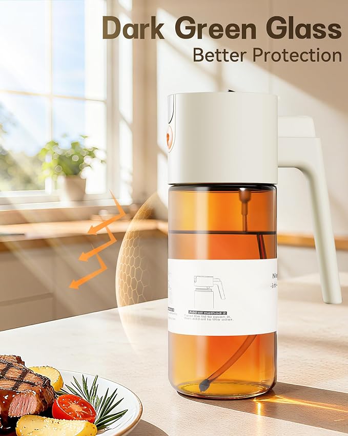 Olive Oil Sprayer & Dispenser Bottle for Cooking 17oz Dark Glass Oil Mister | 2-in-1 Sprayer & Pourer, Leakproof, Fine mist, Light-Blocking, Wide Mouth for Easy Refill & Clean, 8 Oil Labels, Reusable