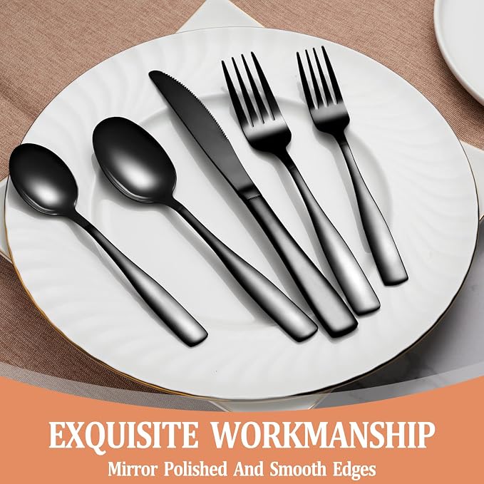 20 Pcs Black Silverware Set, Food-Grade Stainless Steel Flatware Set for 4, Square Cutlery Set, Mirror Polished Tableware Eating Utensils Set for Kitchen, Include Knife Fork Spoon Set,Dishwasher Safe
