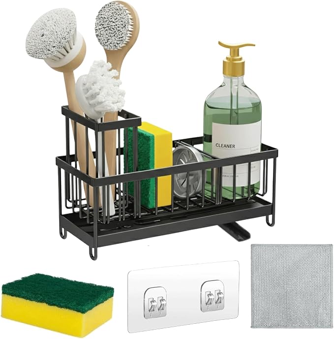 Sponge Holder for Kitchen Sink,5 in 1 Rustproof Stainless Steel Sink Caddy with Washing Cloth & Adhesive Hooks, Kitchen Sink Organizer with High Brush Holder and Soap Holder for Kitchen Sink | Adjustable, Automatic Drainage