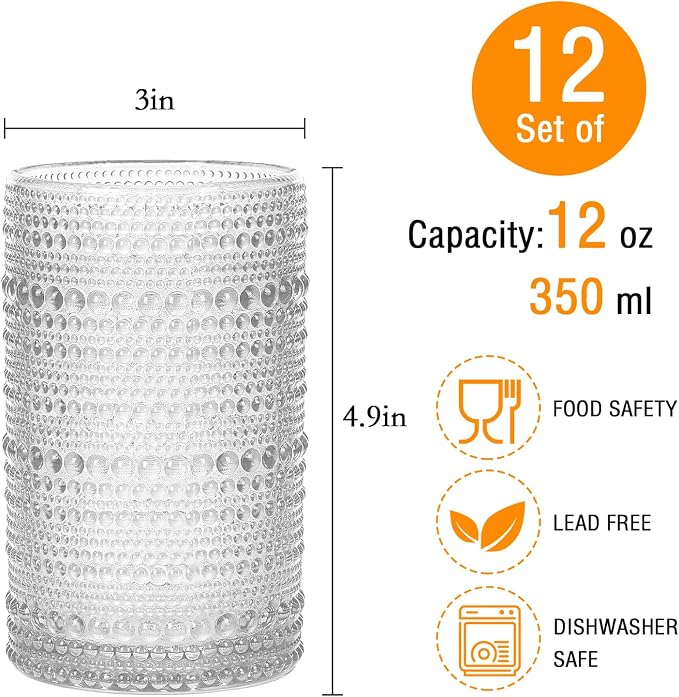 Mapoxy 12 Pack Hobnail Drinking Glasses, 12 Oz Highball Glasses | Vintage Textured Glass Cups for Beer, Whiskey, Juice & Cocktails, Boho Glassware Set for Home Bar, Kitchen – Gift Ready