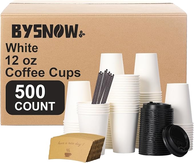 BYSNOW 500 pack 12 oz Bulk Disposable Coffee Cups with Lids Hot Paper Cups | To Go Insulated Coffee Cups for Home, Office, Cafes and Party (White 12oz)