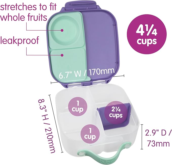 b.box Mini Lunch Box, Snack Containers for Kids, Lunch Box Kids, 4.25 Cup | Bento Box for Kids, Sanck Box, Lunch Containers, Leak Proof, Dishwasher Safe, BPA Free, PFAS Free, Ages 3+ — Lilac Pop