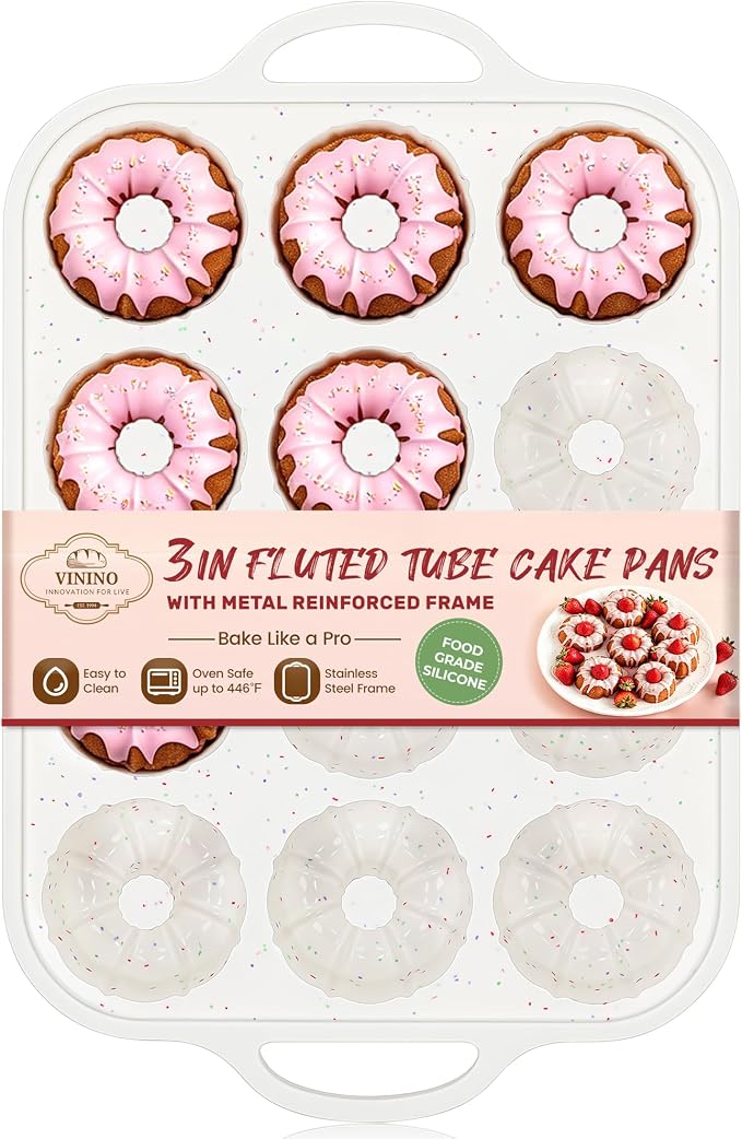 Vinino 3 Inch Silicone Mini Fluted Tube Cake Pan with Metal Frame | 12-Cavity Mini Flan Mold for Donuts, Muffins, Brownies & Jellies, Nonstick Design with Easy Release and Cleanup