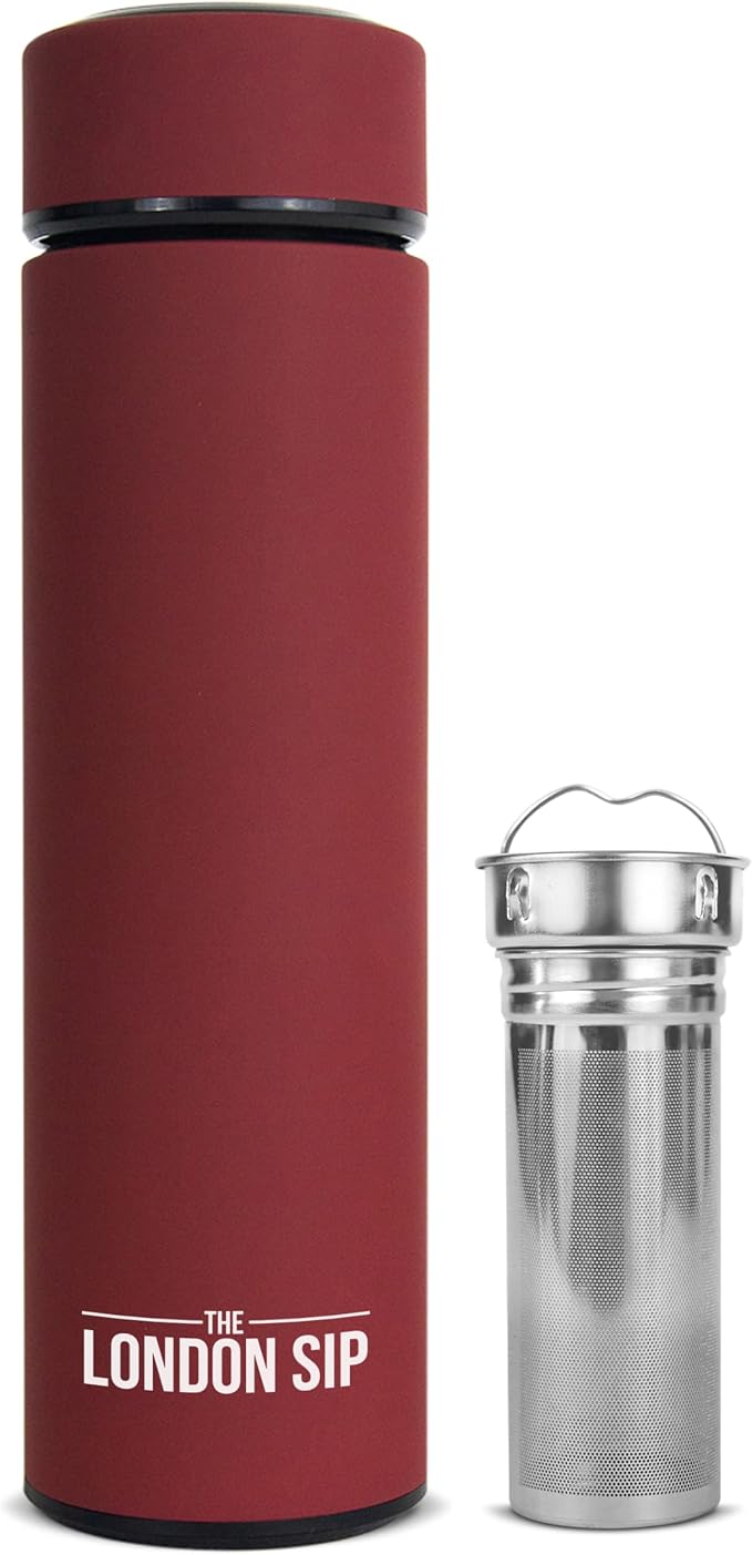 The London Sip Multi-Purpose Travel Mug and Tumbler Fruit Infused Flask Hot and Cold Double Wall Stainless Steel Thermos with Extra-Long Infuser, Sacred Red