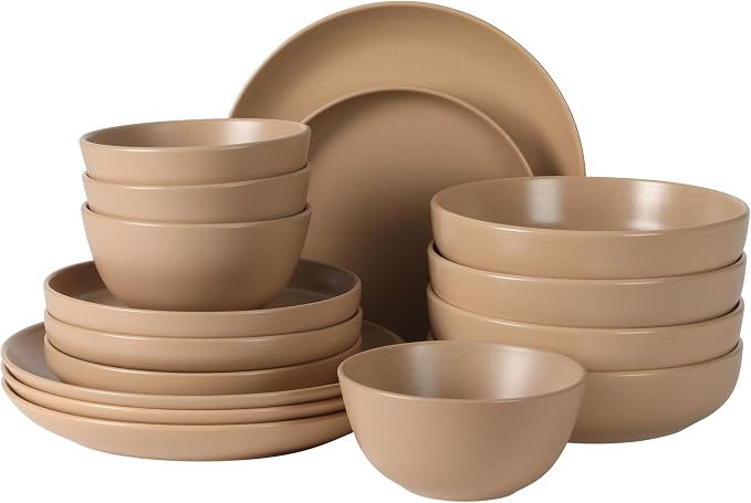 Gibson Elite Leeds Court Plates and Bowls Sets, 16-Piece Stoneware Dinnerware Sets, Terracotta, Round Speckle Reactive Glaze Dish Set