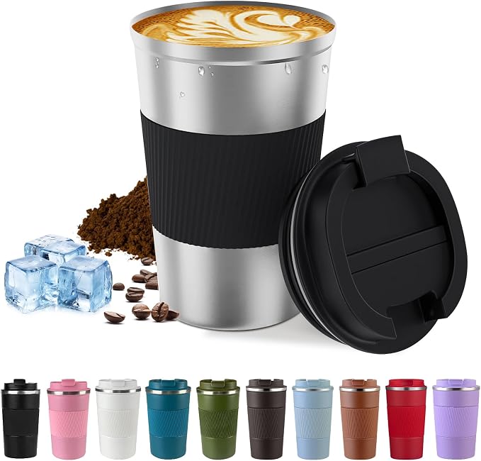 Vacuum Insulated Stainless Steel Travel Coffee Mug,Leak Proof Cup with Lid | 304 stainless steel mug with vacuum insulation, leak proof lid, silicone grip and car cup holder friendly design