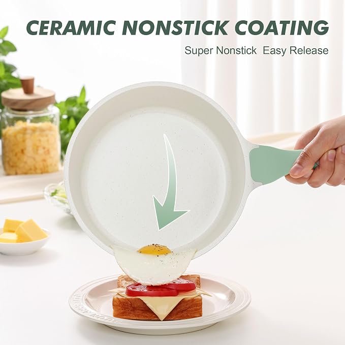 SENSARTE Ceramic Nonstick Saucepan with Lid 1.5 QT, PTFE/PFAS Free, Green | Small Kitchen Cooking Pot with Stay Cool Handle, Induction Compatible, Ceramic Coating