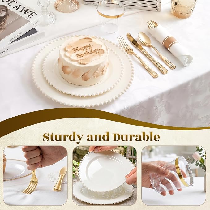 175pcs Plastic Dinnerware Set Ivory 25 Guests for Wedding | Fancy Beaded Plastic Plates Include 50 Elegant Plastic Plates,25 Cups and 25 Pre Rolled Napkins with Cutlery Set