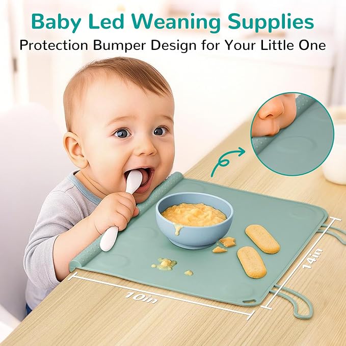 Silicone Placemat for Toddler Eating: Wipe Clean & Roll Up in The Diaper Bag - Table Mat for Restaurant/Travel/On-The-Go