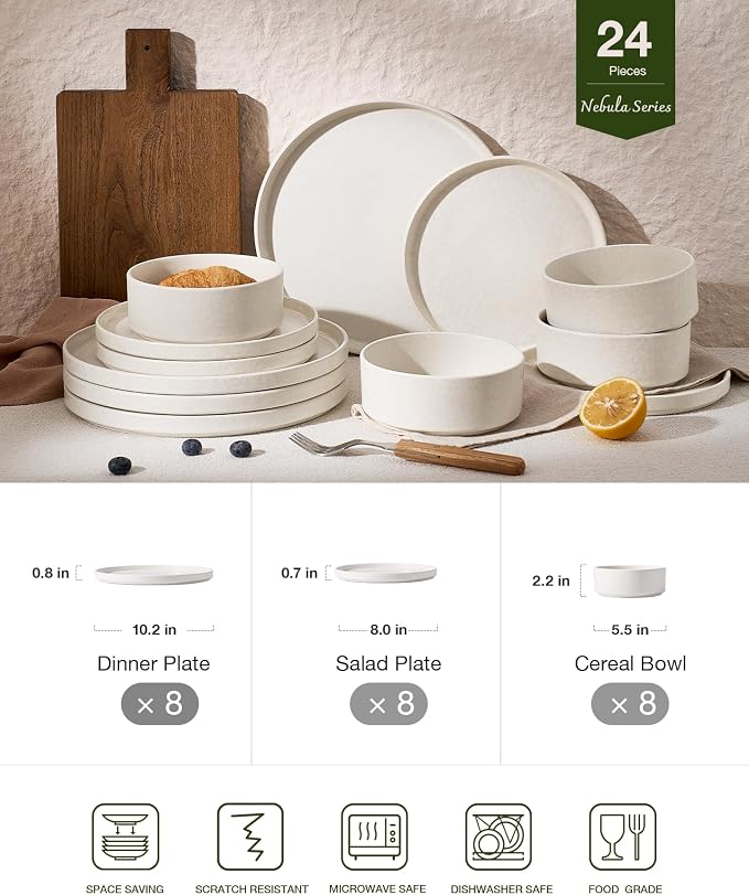 Famiware Nebula 24-Piece Dinnerware Set, Matte Beige White | Stoneware Plates and Bowls, Handmade Reactive Glaze, Microwave & Dishwasher Safe, Chip & Scratch Resistant