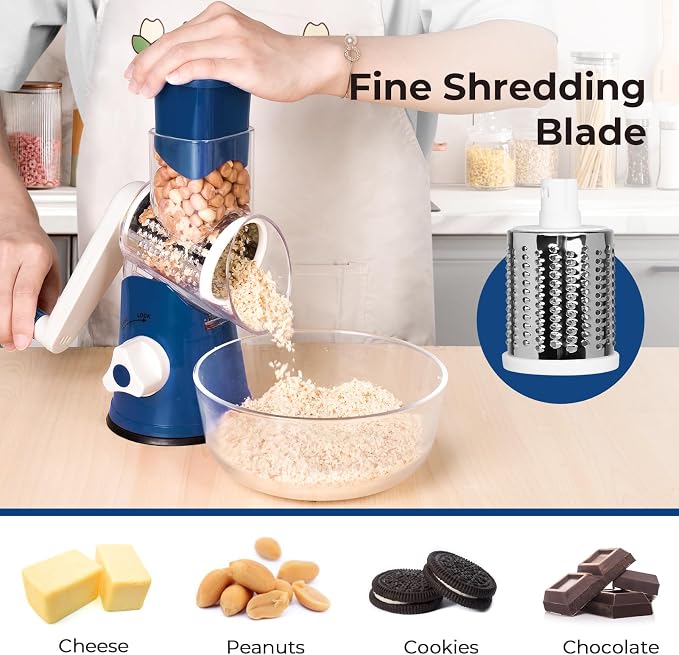X Home Rotary Cheese Grater for Kitchen, Shredder with 3 Interchangeable Blades, Rotary Grater with Handle and Strong Suction Base, for Vegetables, Fruit, Nuts, Easy to Use and Clean, Dark Blue