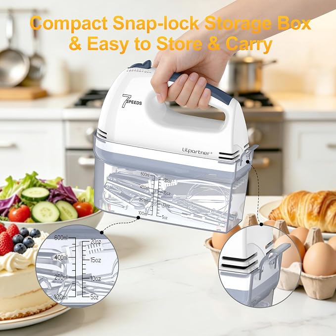 LILPARTNER Electric Hand Mixer with Storage Box, Ultra Power Kitchen Hand Mixer With 7-Speed & 5 Stainless Steel Accessories for Whipping Dough, Cream, Cake, Dishwasher Safe, WHITE BOX