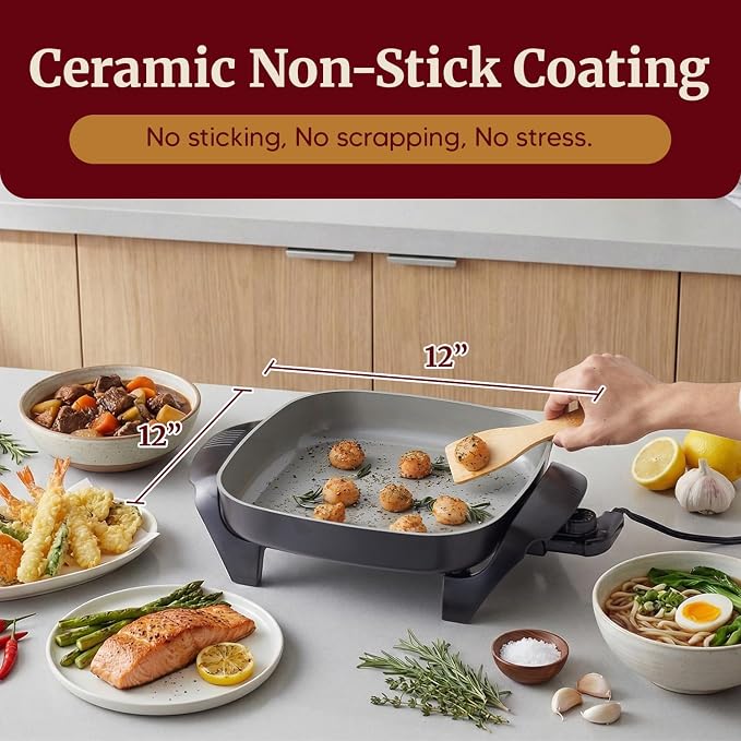 Elite Gourmet Ceralast PFAS-Free Ceramic Electric Skillet, 1200W, Dark Gray | Dishwasher Safe, Rapid Heat-Up Coating, 12"x12" Cooking Surface, Non-Stick for Everyday Meals - 2.15" Deep Design