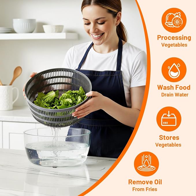 Salad Spinner Lettuce Spinner with Drainage Holes, 5 Chopping Blades, Grey | 5.3 QT Large High Efficiency Fruit Vegetable Washer Dryer, Easy Press Kitchen Tool for Leafy Vegetables