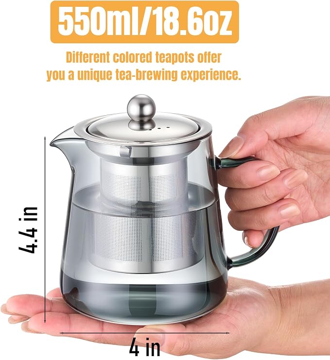 PARACITY Clear Teapot, Glass Kettle with Infuser, Tea Maker, 18.6 oz, Black | 550 ml borosilicate stovetop tea brewer with removable 18/8 steel strainer for loose leaf, blooming tea, fruit tea or bags