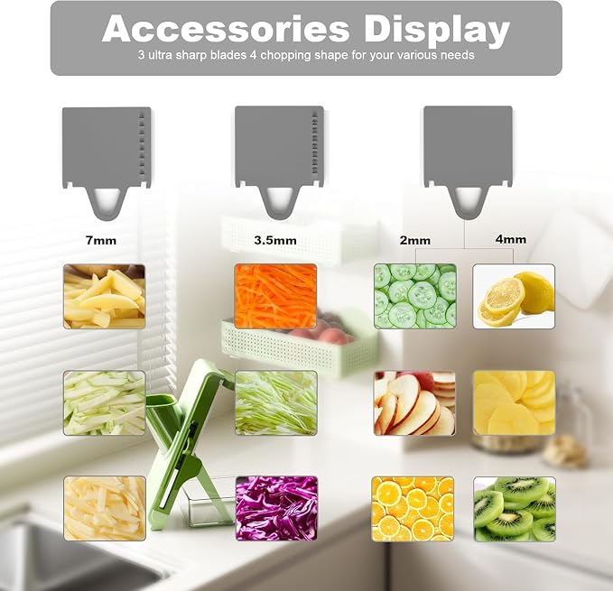 Eletronova Safe Mandoline Slicer for Kitchen, Vegetable Slicer with Container, French Fry Cutter, All in 1 Julienne Slicer for Potato, Thickness Adjustable, Detachable Blade (Gray)