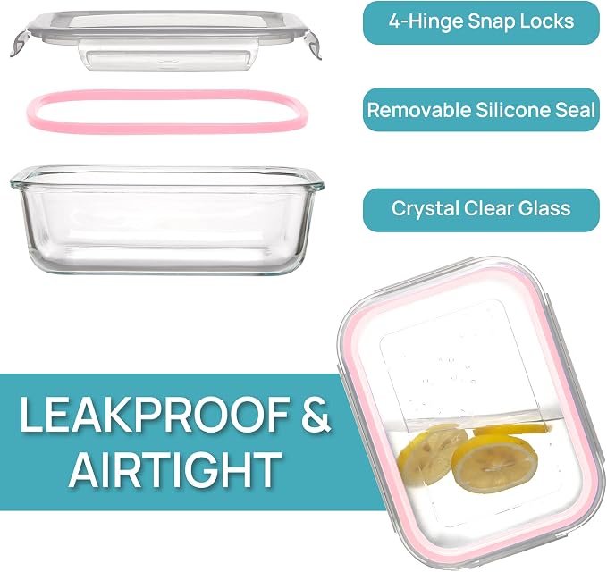 Vtopmart 5 Pack 35oz Glass Food Storage Containers with Lids, Pink | Meal Prep Containers, Airtight Reusable Lunch Container Set, Safe for Oven, Microwave, Freezer, and Dishwasher, BPA Free